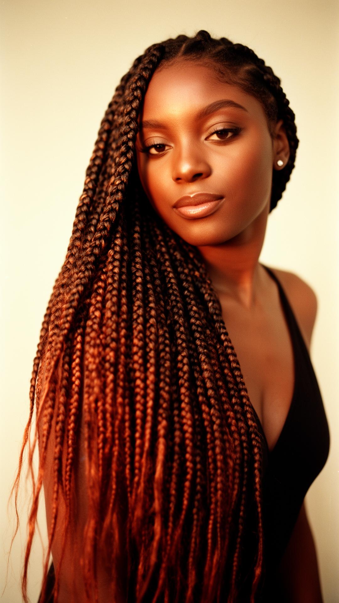 Model with long knotless braids cascading over her shoulder